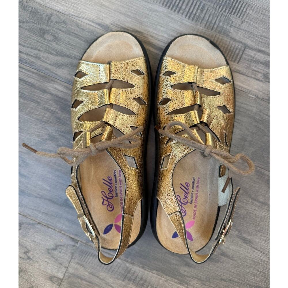 Helle Comfort Woman’s Jasmin Gold Lace Up Sandal Size 37 Made In Spain